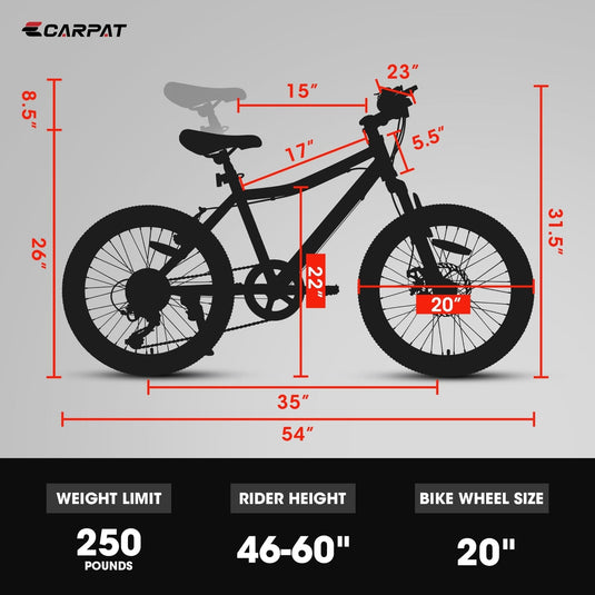 20-Inch 7-Speed Mountain Bike for Kids Ages 8-12 Boys and Girls