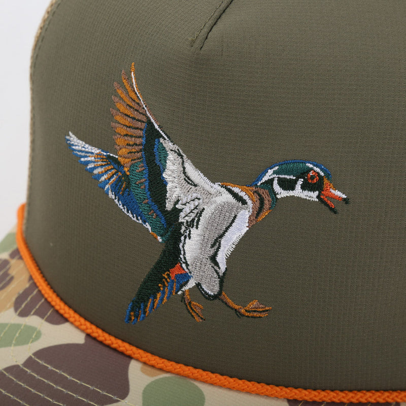 Load image into Gallery viewer, Wood Duck Hat Rope Cap 5-Panel Ridgeline Mesh Back

