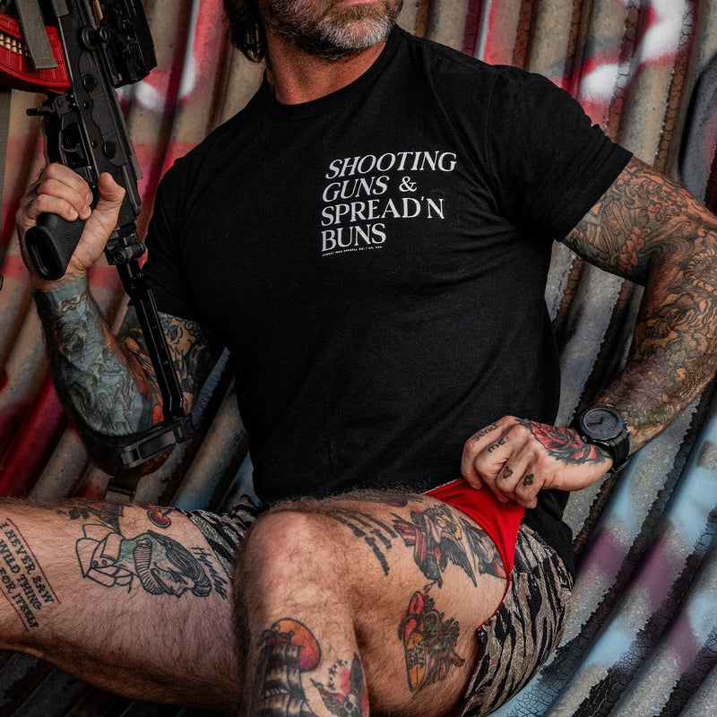 Load image into Gallery viewer, Shooting Guns &amp; Spread&#39;n Buns Men&#39;s T-Shirt

