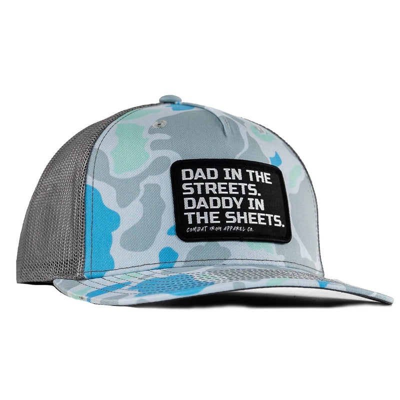 Load image into Gallery viewer, Dad In The Streets. Daddy In The Sheets. Black Patch Snapback Hat
