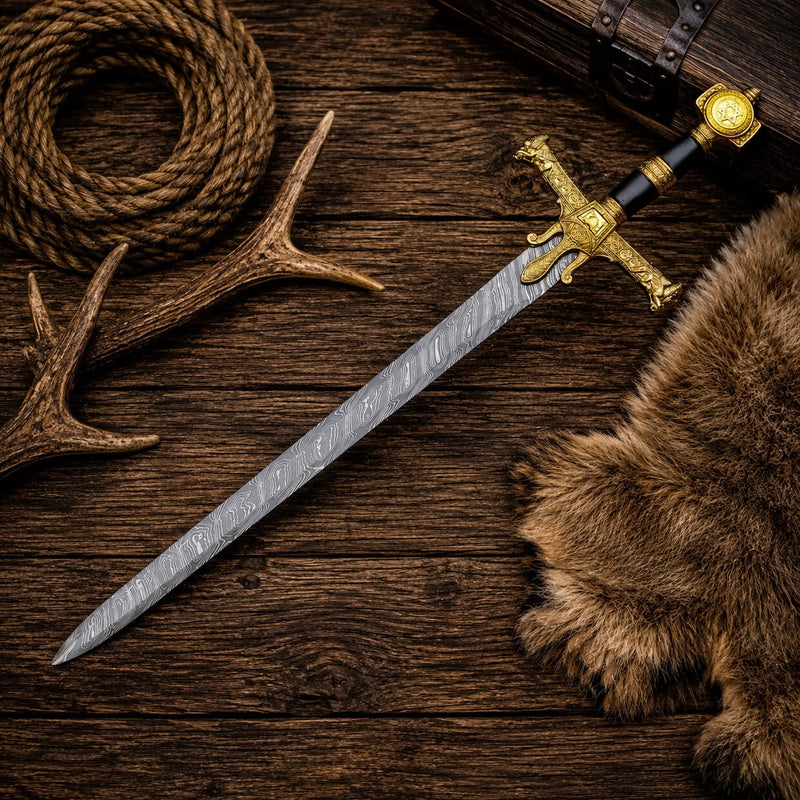 Load image into Gallery viewer, Sigil Sovereign Knight Sword – Damascus Blade Golden Crossguard Medieval Display
