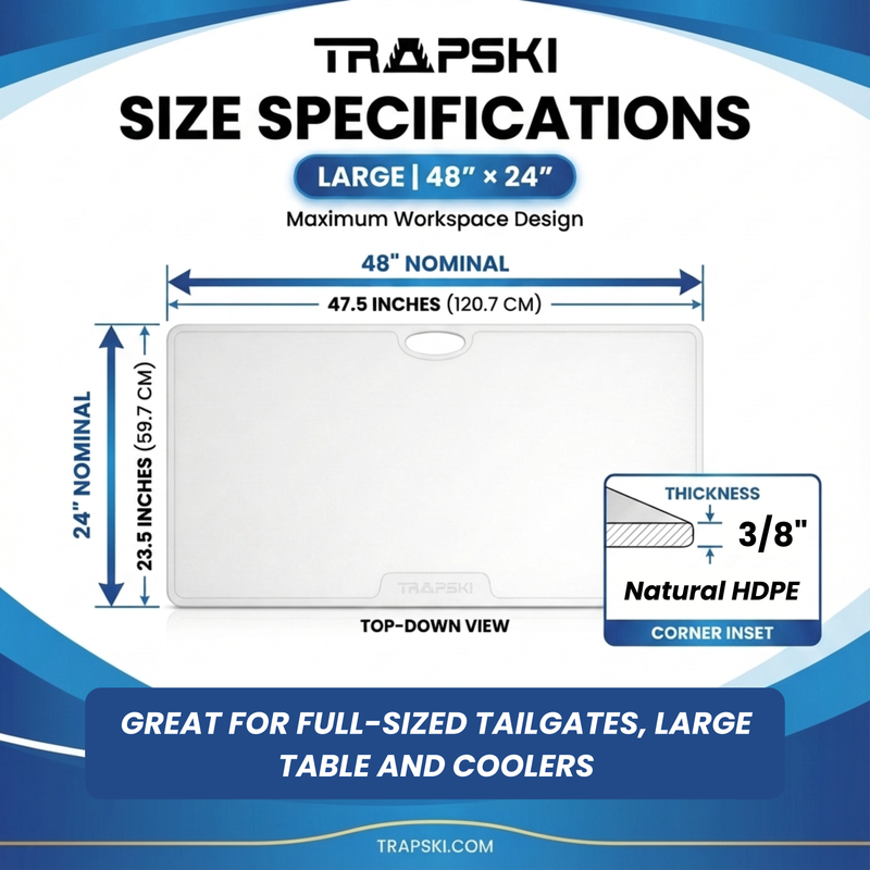 Load image into Gallery viewer, Big Game Cutting Chopping Board 3/8 Inch Thick | Food-Grade HDPE Optional Non-Skid Rubber Feet, Wide Juice Groove | 32 or 48 in x 18 in or 24 in for Tailgates, Coolers and Tables | Easy Grip Handle
