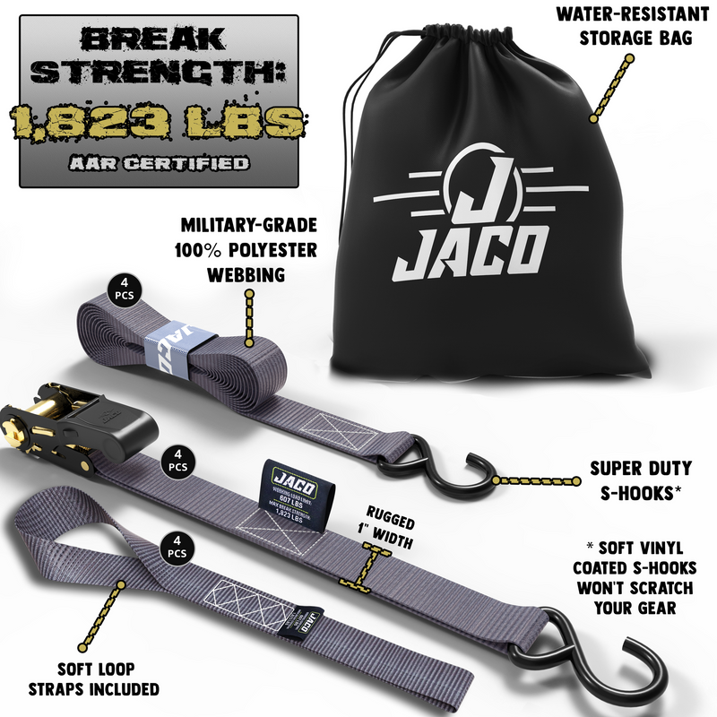Load image into Gallery viewer, Tie Down Ratchet Straps (4 Pack) - 1 in x 15 ft | AAR Certified Break Strength (1,823 lbs) | Cargo Tie Down Set
