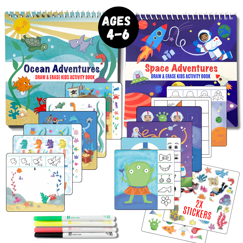 Load image into Gallery viewer, Small 7" Dry Erase Activity Book (incl. 2 Washable Markers &amp; Reusable Stickers)
