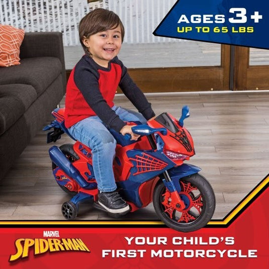 6V Spiderman Ride-On Motorcycle for Kids Ages 3+ with Rechargeable Battery and 65 lbs Weight Capacity