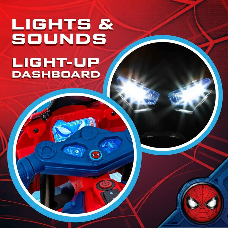 Load image into Gallery viewer, Spiderman 6V Motorcycle Ride On for Kids, Ages 3+, with Rechargeable Battery and 65lbs Weight Capacity

