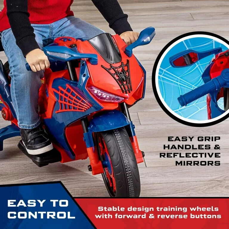 Load image into Gallery viewer, Spiderman 6V Motorcycle Ride On for Kids, Ages 3+, with Rechargeable Battery and 65lbs Weight Capacity
