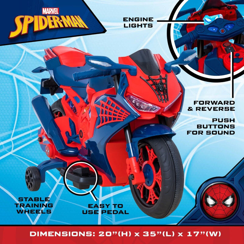 Load image into Gallery viewer, Spiderman 6V Motorcycle Ride On for Kids, Ages 3+, with Rechargeable Battery - Supports up to 65lbs
