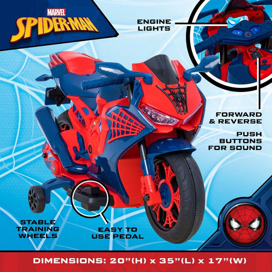 Spiderman 6V Motorcycle Ride On for Kids, Ages 3+, with Rechargeable Battery - Supports up to 65lbs