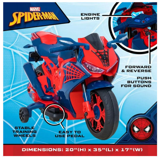 6V Spider-Man Ride-On Motorcycle Toy for Kids Ages 3+ with Rechargeable Battery