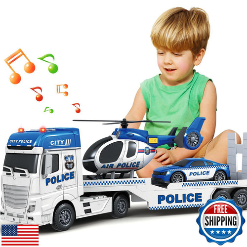 25-Inch Large Police Truck Toy with Racing Car for Toddler Boys