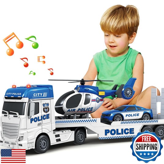 25-Inch Large Police Truck Toy with Racing Car for Toddler Boys