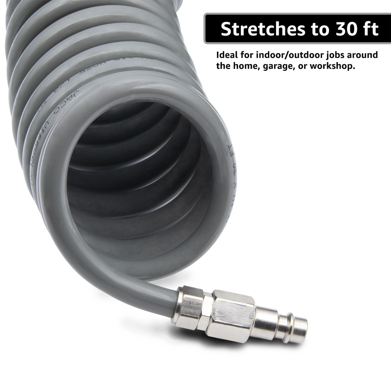 Load image into Gallery viewer, Polyurethane Coiled Air Hose Kit - 1/4&quot; x 30 ft | with Air Compressor Fittings
