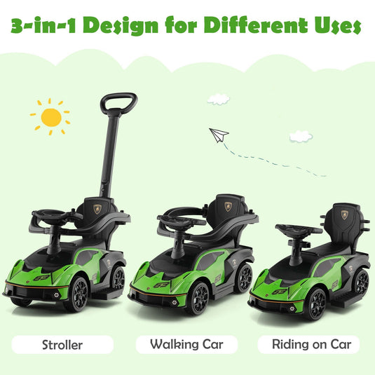 3-in-1 Licensed Lamborghini Ride-On Push Stroller Car with Sound Green