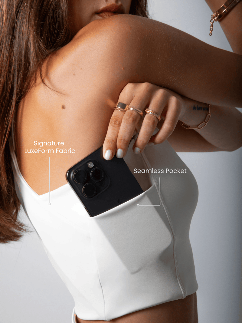 Load image into Gallery viewer, Women's Workout Tank Top with Phone Pockets - Beige | LuxeForm Criss-Cross Back
