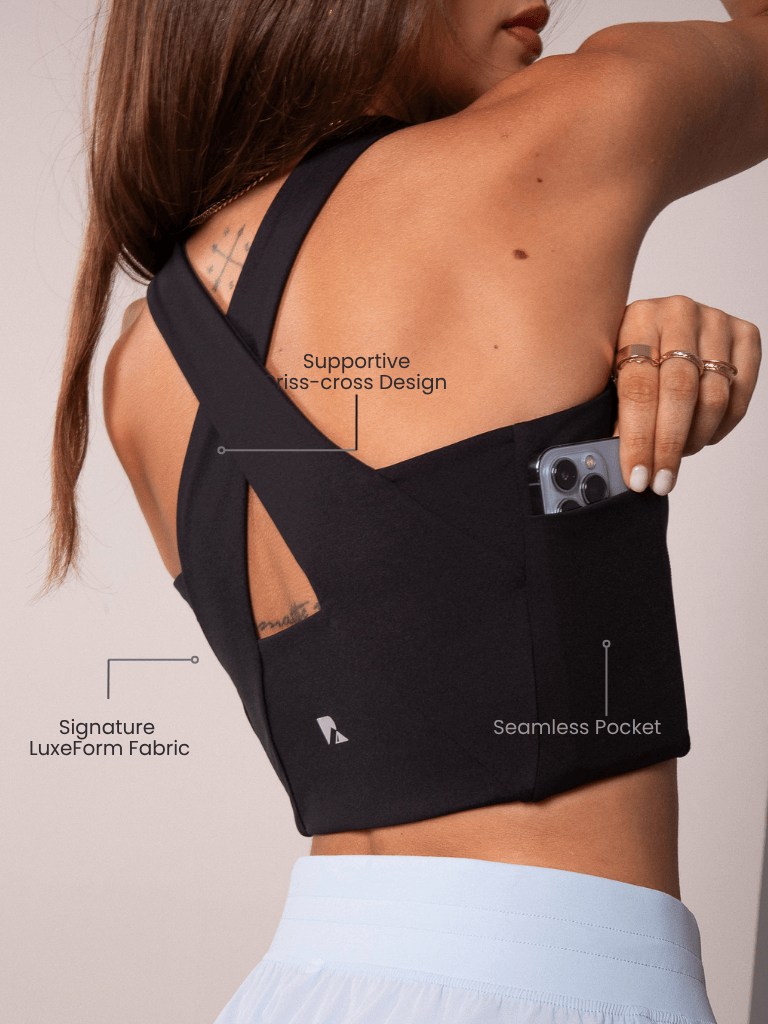 Load image into Gallery viewer, Women's Workout Tank Top with Phone Pockets - Black | LuxeForm Criss-Cross Back
