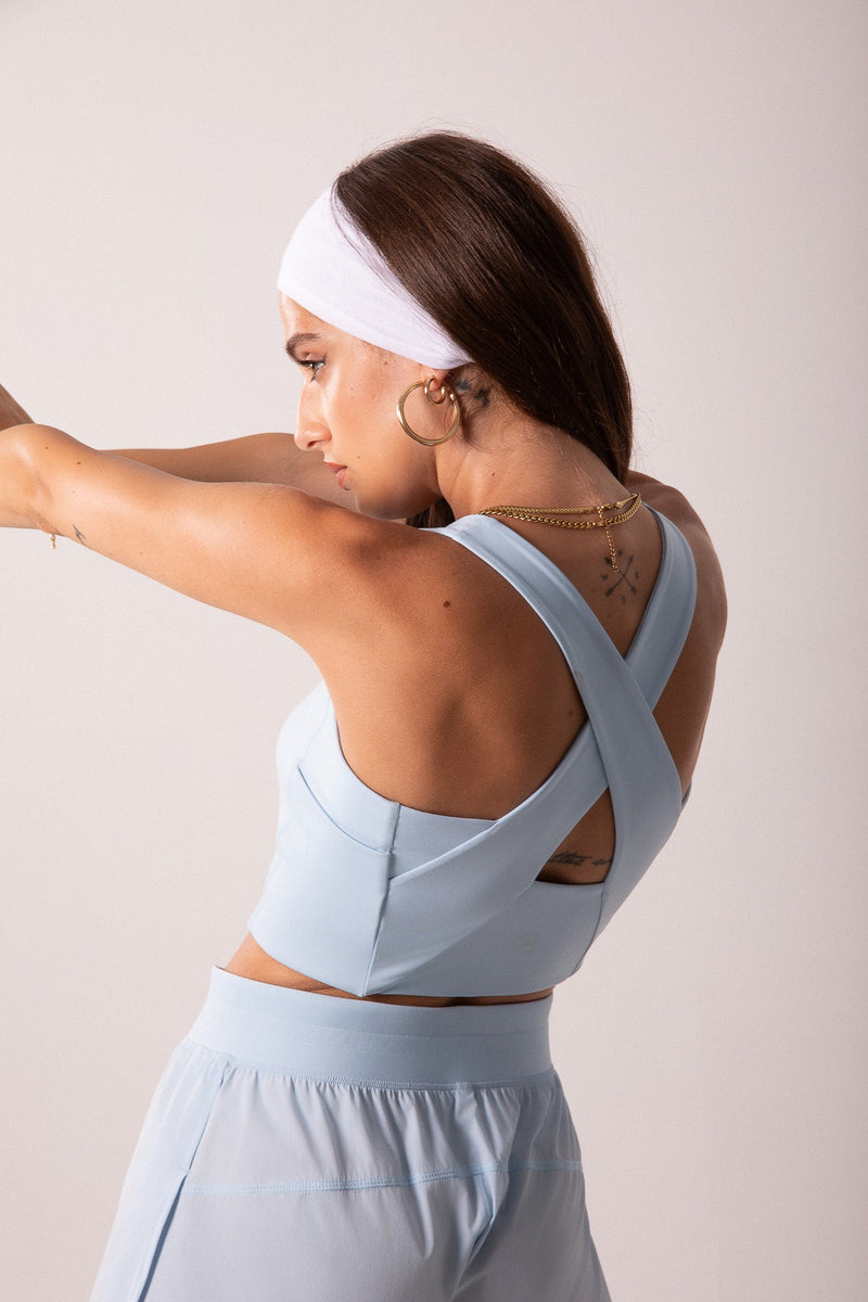 Load image into Gallery viewer, Women's Workout Tank Top with Phone Pockets - Baby Blue | LuxeForm Criss-Cross Back
