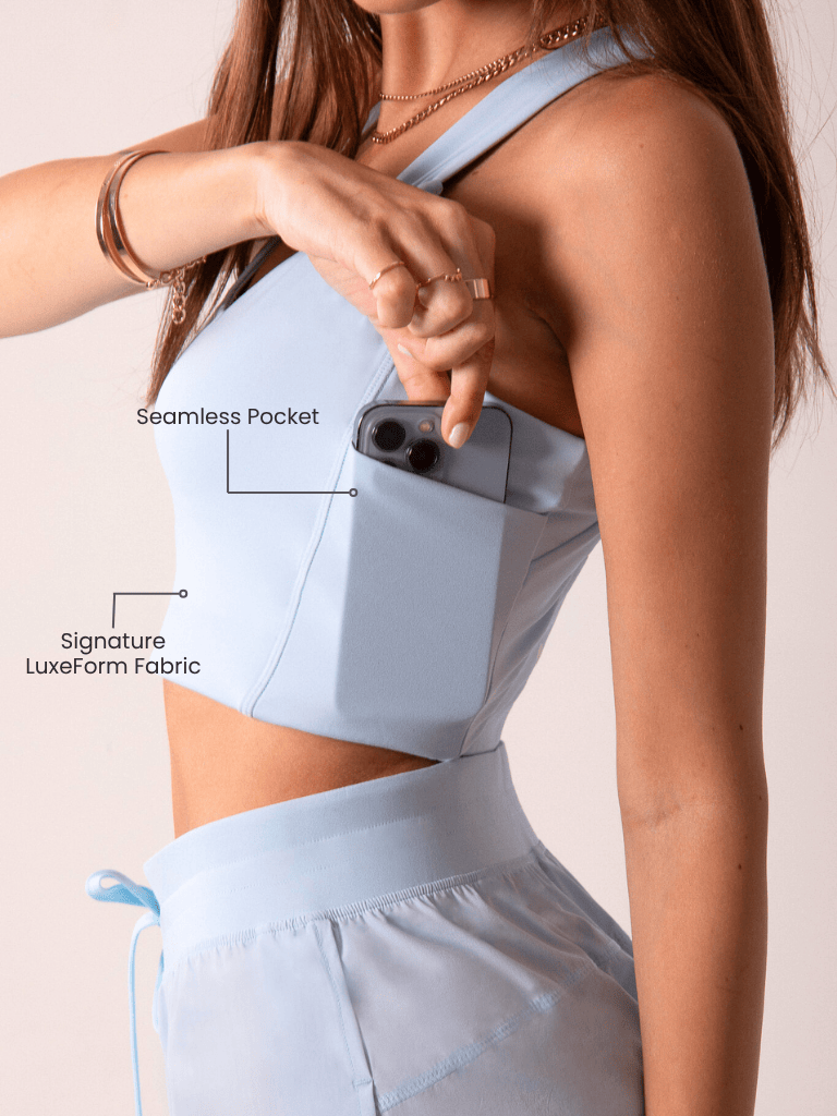 Load image into Gallery viewer, Women's Workout Tank Top with Phone Pockets - Baby Blue | LuxeForm Criss-Cross Back
