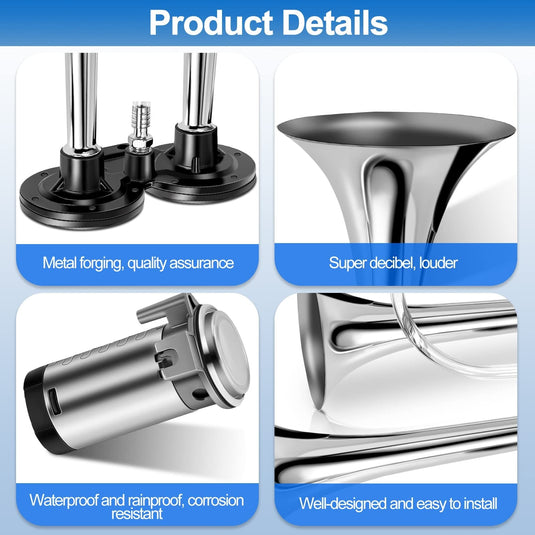 2-Pack 12V 150dB Loud Air Horn Kit for Trucks, Boats, and Cars with Air Compressor