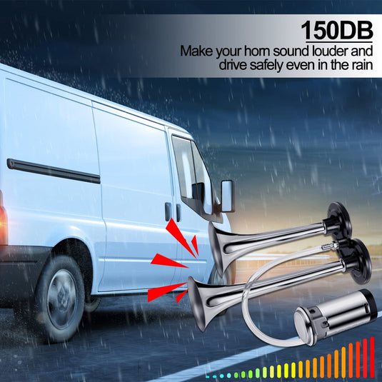 2-Pack 12V 150dB Loud Air Horn Kit for Trucks, Boats, and Cars with Air Compressor