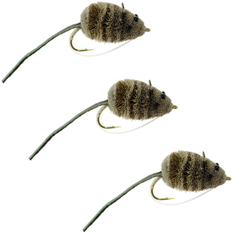 Load image into Gallery viewer, 3 Pack Mighty Mouse Deer Hair Bug Size 4 - Bass Fly Fishing Bug Wide Gape Bass Hooks With Weed Guard
