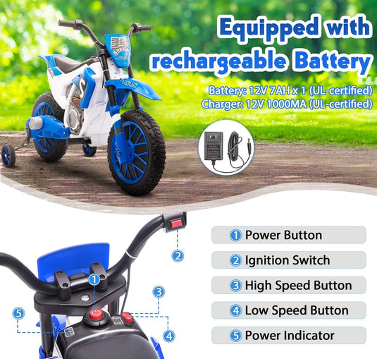 Electric 12V Blue Kids Ride-On Motorcycle with Training Wheels