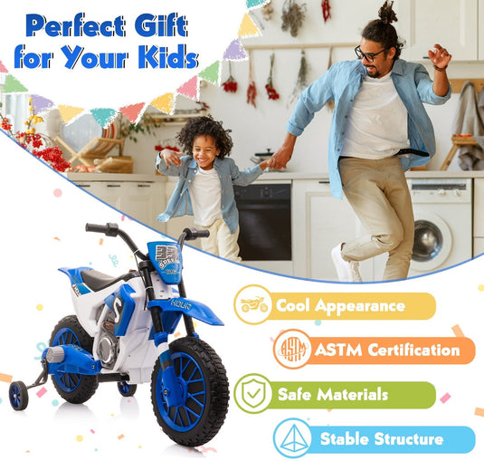 Electric 12V Blue Kids Ride-On Motorcycle with Training Wheels
