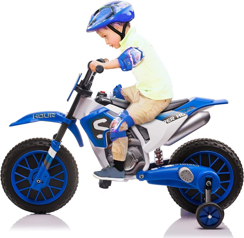 Load image into Gallery viewer, Electric 12V Blue Kids Ride-On Motorcycle with Training Wheels
