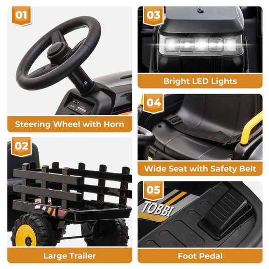 12V Battery-Powered Ride-On Tractor Toy with Trailer and 35W Dual Motor