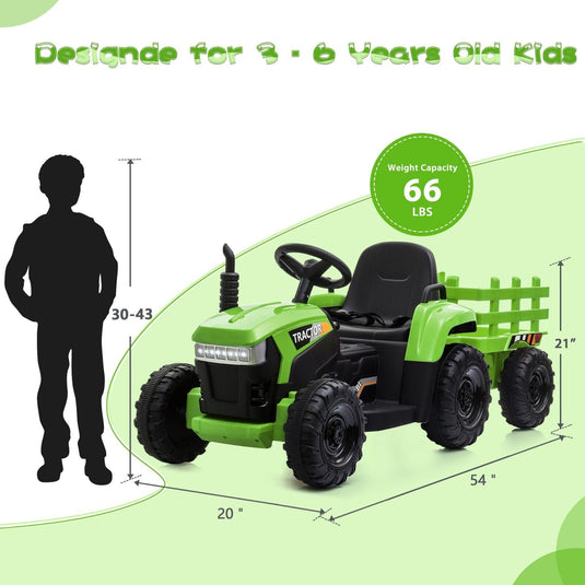 TOBBI 12V Battery-Powered Toy Tractor with Trailer for Kids' Electric Ride-On Fun