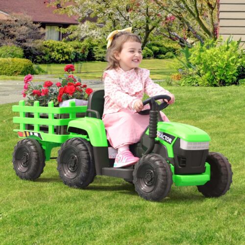 TOBBI 12V Battery-Powered Tractor Ride-On with Trailer for Kids - Electric Vehicle Fun!