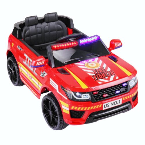 TOBBI 12V Electric Fire Truck Kids Ride-On Police Car with Megaphone, Remote Control, and Lights