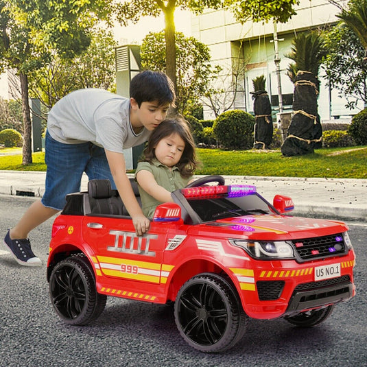 TOBBI 12V Electric Fire Truck Kids Ride-On Police Car with Megaphone, Remote Control, and Lights