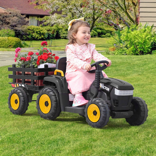 TOBBI 12V Electric Kids Ride On Tractor with Trailer and Lights