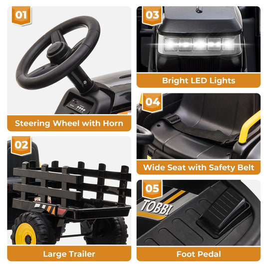 TOBBI 12V Electric Tractor Ride-On Car with Trailer for Kids - Battery Powered Toy Vehicle