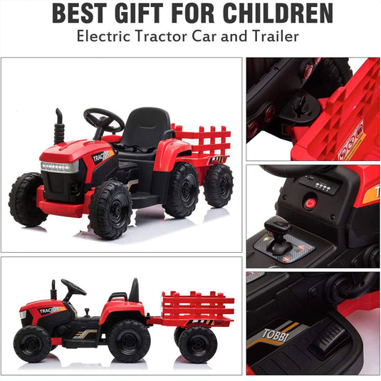 TOBBI 12V Kids Electric Ride On Toy Tractor with Trailer, Red