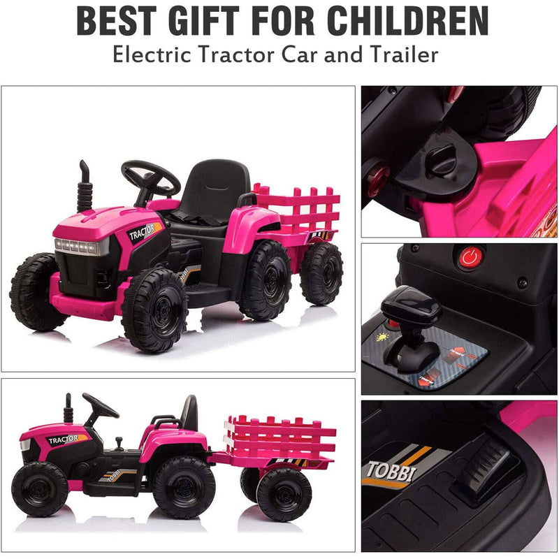 Load image into Gallery viewer, TOBBI 12V Kids Electric Ride On Tractor with Trailer in Rose Red
