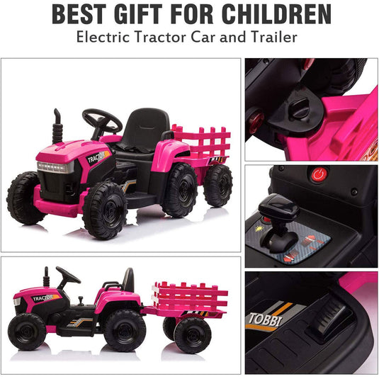 TOBBI 12V Kids Electric Ride On Tractor with Trailer in Rose Red