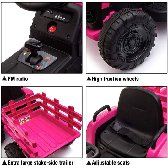 TOBBI 12V Kids Electric Ride On Tractor with Trailer in Rose Red