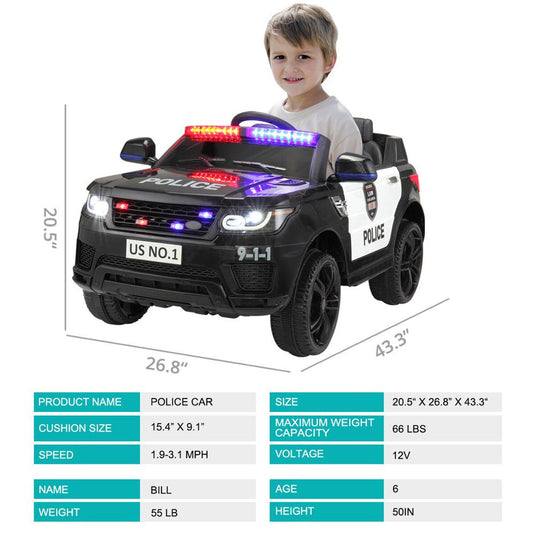 12V Kids Police Ride-On SUV Car with Parental Remote Control
