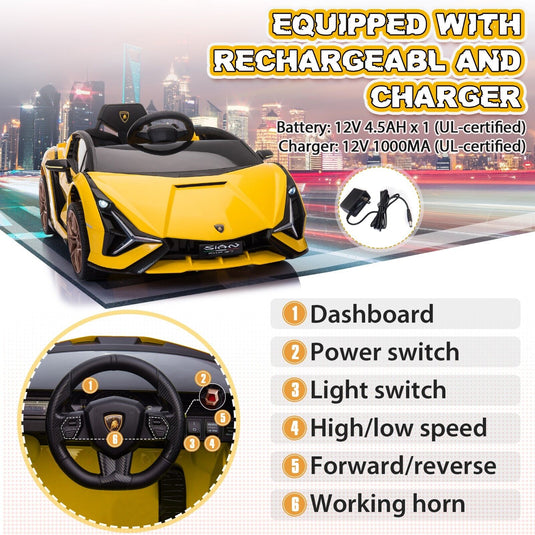 TOBBI 12V Lamborghini SIAN Electric Ride-On Car for Kids with 2.4G Remote Control
