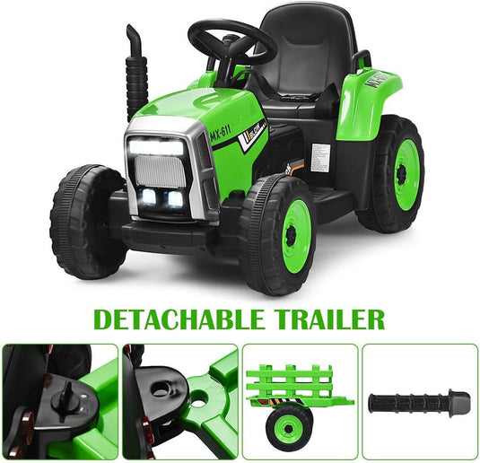12V Kids' Electric Tractor with Detachable Trailer, USB Charging, 7 LED Lights, Remote Control