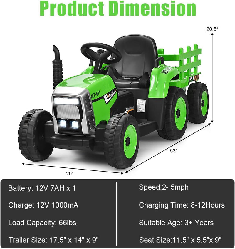 Load image into Gallery viewer, 12V Kids&#39; Electric Tractor with Detachable Trailer, USB Charging, 7 LED Lights, Remote Control
