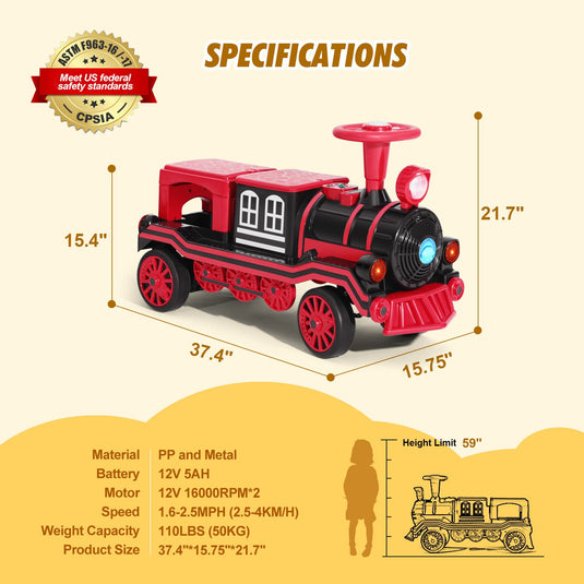 12V Two-Seater Electric Ride-On Train for Kids with Music and Lights, Red/Blue