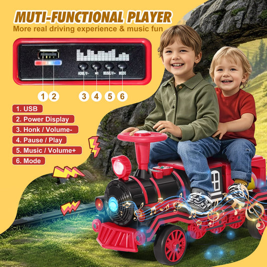 12V Two-Seater Electric Ride-On Train for Kids with Music and Lights, Red/Blue