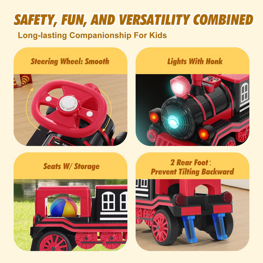 12V Two-Seater Electric Ride-On Train for Kids with Music and Lights, Red/Blue