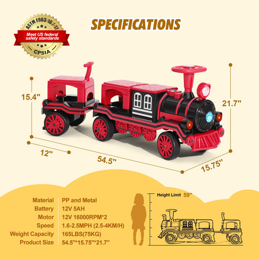 12V Two-Seater Electric Ride-On Train for Kids with Music and Lights, Red/Blue