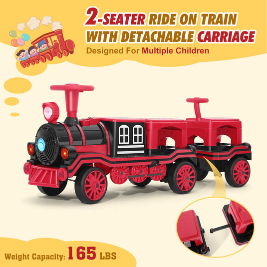 12V Two-Seater Electric Ride-On Train for Kids with Music and Lights, Red/Blue