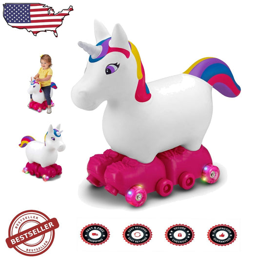 Inflatable Unicorn Ride-On Toy with Light-Up Roller Skates for Toddlers Ages 1-3