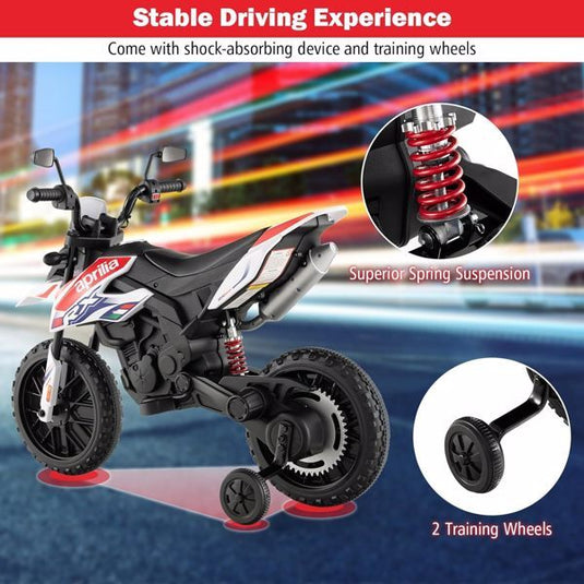 12V Electric Kids Dirt Bike with Training Wheels and Music for Off-Road Riding